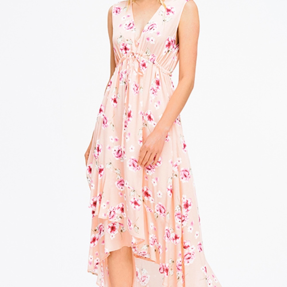 WOMENS PEACH PINK FLORAL PRINT V NECK Maxi Dr